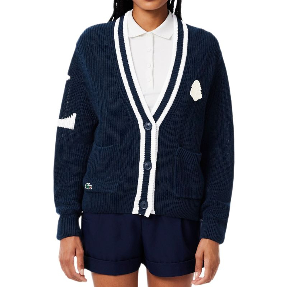 Женская теннисная толстовка Lacoste Badge Accent Wool Blend Golf Cardigan — navy blue/white