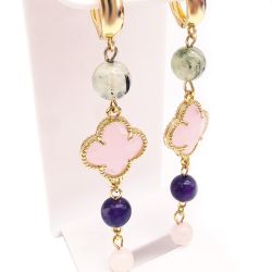 Серьги из аметиста, розового кварца и пренита, розового кварца