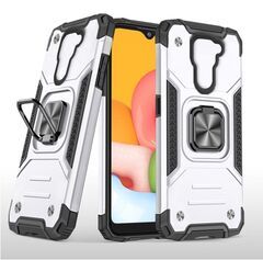 Противоударный чехол для Xiaomi Redmi Note 9 серебро с пластиной для магнитного автодержателя и кольцом подставкой Противоударный чехол для Xiaomi Redmi Note 9 серебро с пластиной для магнитного автодержателя и кольцом подставкой
