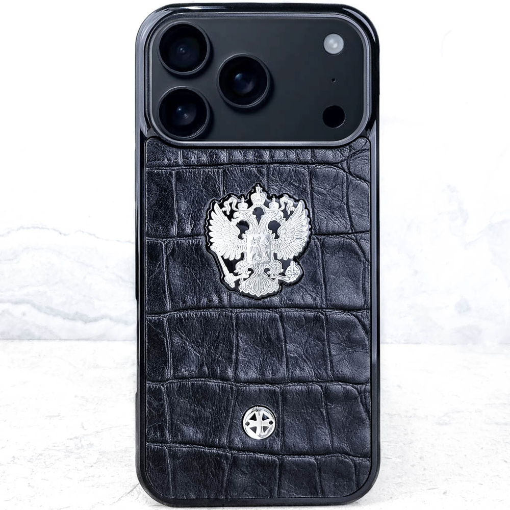 Чехол iPhone 18 Pro 18 Pro Max Premium Герб РФ CROC Leather серебряный металлический Государственный герб Российской Федерации двуглавый орёл короны скипетр держава Георгий Победоносец ювелирный сплав композит натуральная кожа крокодил квадратное тиснение Италия шильд Euphoria HM — патриотическая коллекция handmade