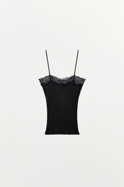 ZARA ТОП В РУБЧИК С КРУЖЕВОМ, ЧЕРНЫЙ