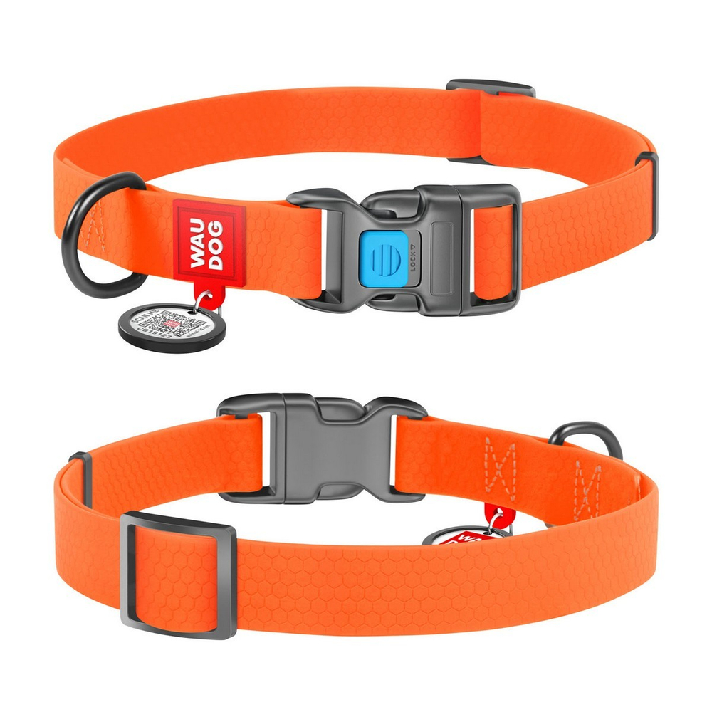 Ошейник для собак водостойкий WAUDOG Waterproof c QR-паспортом, пластиковая пряжка-фастекс, M, Ш 20 мм, Дл 24-40 см оранжевый
