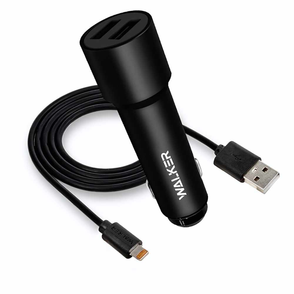 АЗУ WALKER WCR-22, 2в1, 2.4А, 12Вт, USBx2, + кабель Lightning, длинный корпус, черное