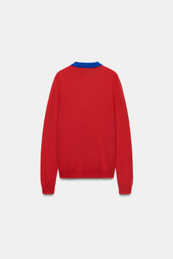 ZARA СВИТЕР ПОЛО ИЗ МЯГКОЙ ШЕРСТИ С КОНТРАСТНЫМ ВОРОТНИКОМ, КРАСНЫЙ