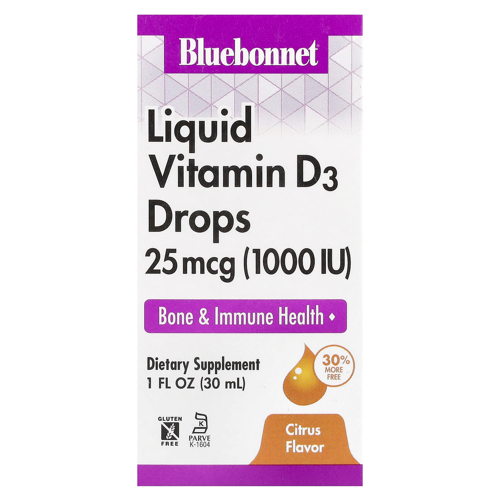 Bluebonnet Nutrition, жидкий витамин D3 в каплях, цитрус, 25 мкг (1000 МЕ), 30 мл (1 жидк. унция)