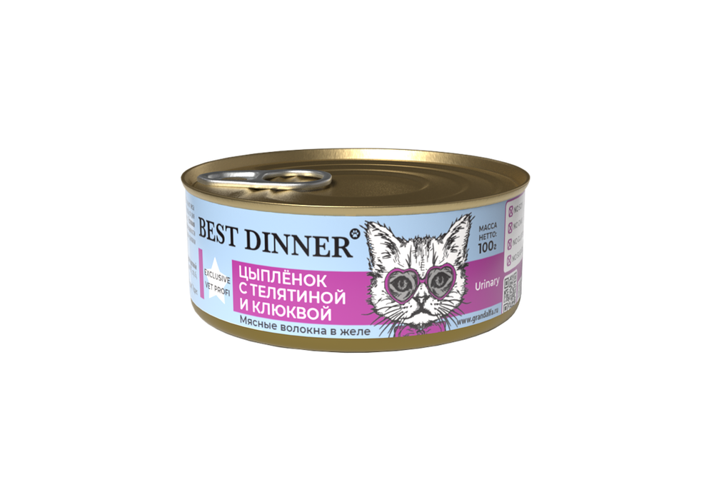 Консервы Best Dinner Эксклюзив Vet Profi Urinary Бест Диннер Уринари диета для кошек профилактика МКБ цыпленок с телятиной и клюквой 100 г