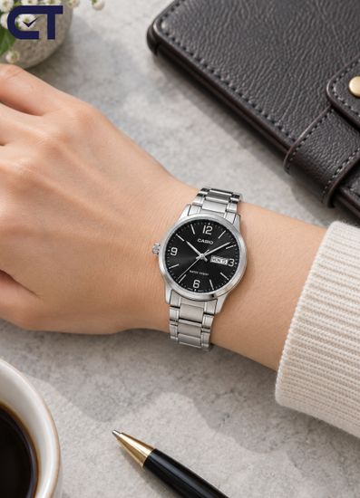CASIO LTP-V004D-1B2 CASIO Collection женские наручные часы — чёрный циферблат, стальной браслет и индикация даты