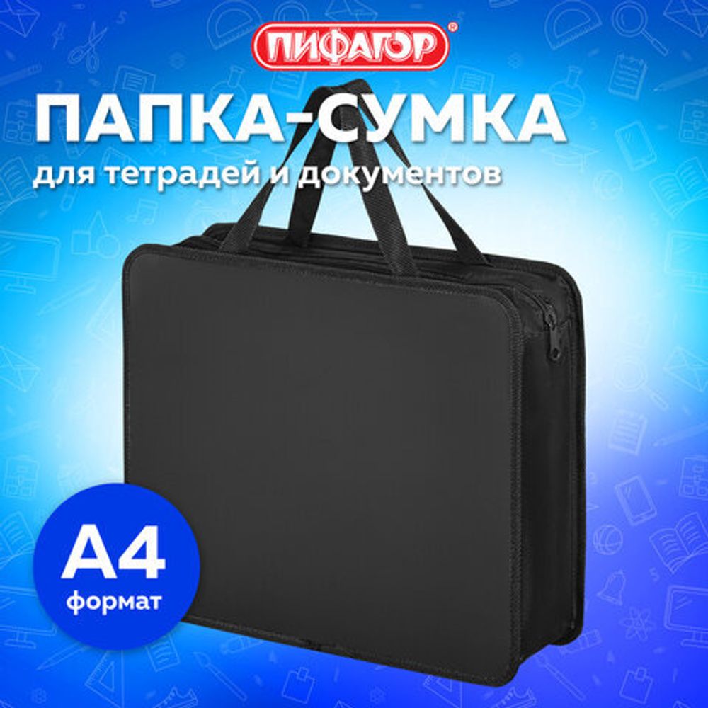 Папка на молнии с ручками ПИФАГОР, А4, пластик, молния сверху, однотонная черная, 272110