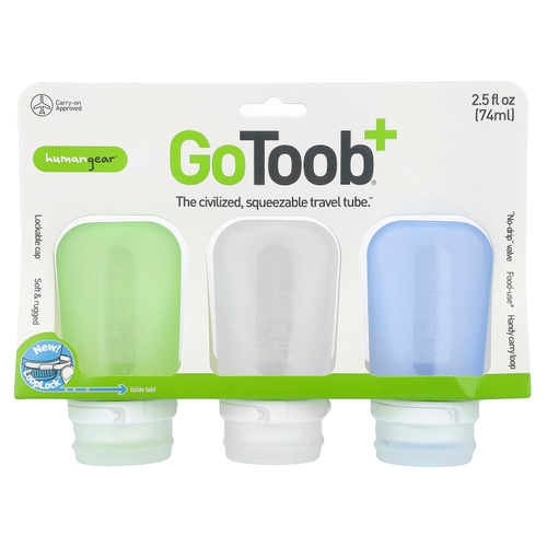Humangear, GoToob+®, тюбик для путешествий, средний, зеленый, прозрачный и синий, 3 шт. по 74 мл (2,5 жидк. унции)