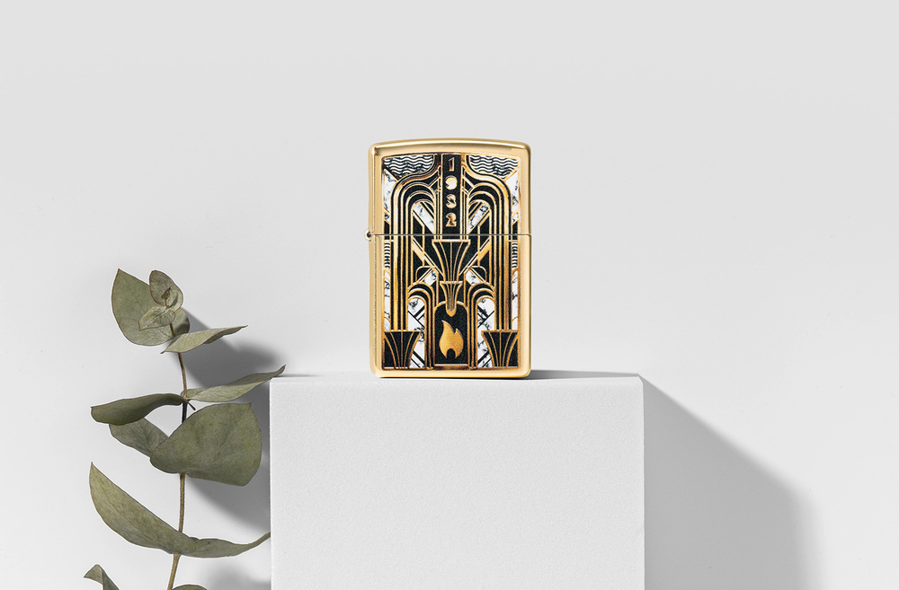 Зажигалка ZIPPO Пламя в стиле ар-деко с покрытием Глянцевая латунь | Art Deco Flame High Polish Bras