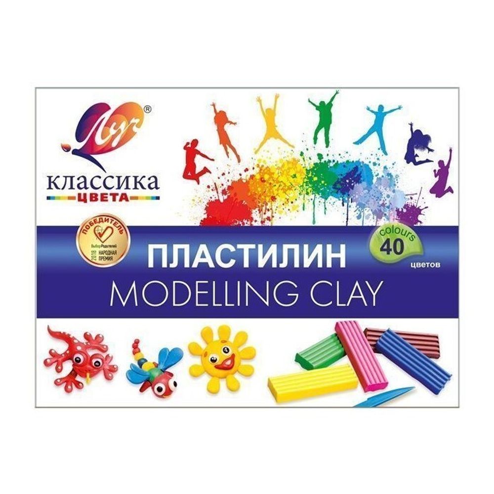 Пластилин 40 цветов Луч Классика, 800гр, со стеком, картон.упак.