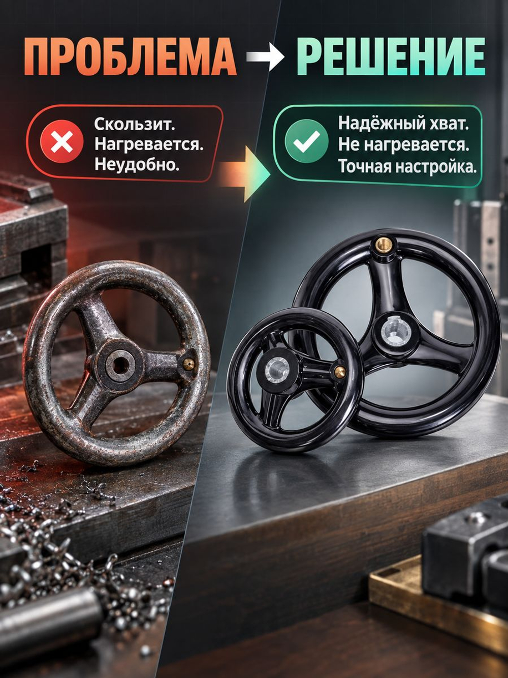 Маховик из бакелита 200х18х6 мм с тремя спицами с ручкой