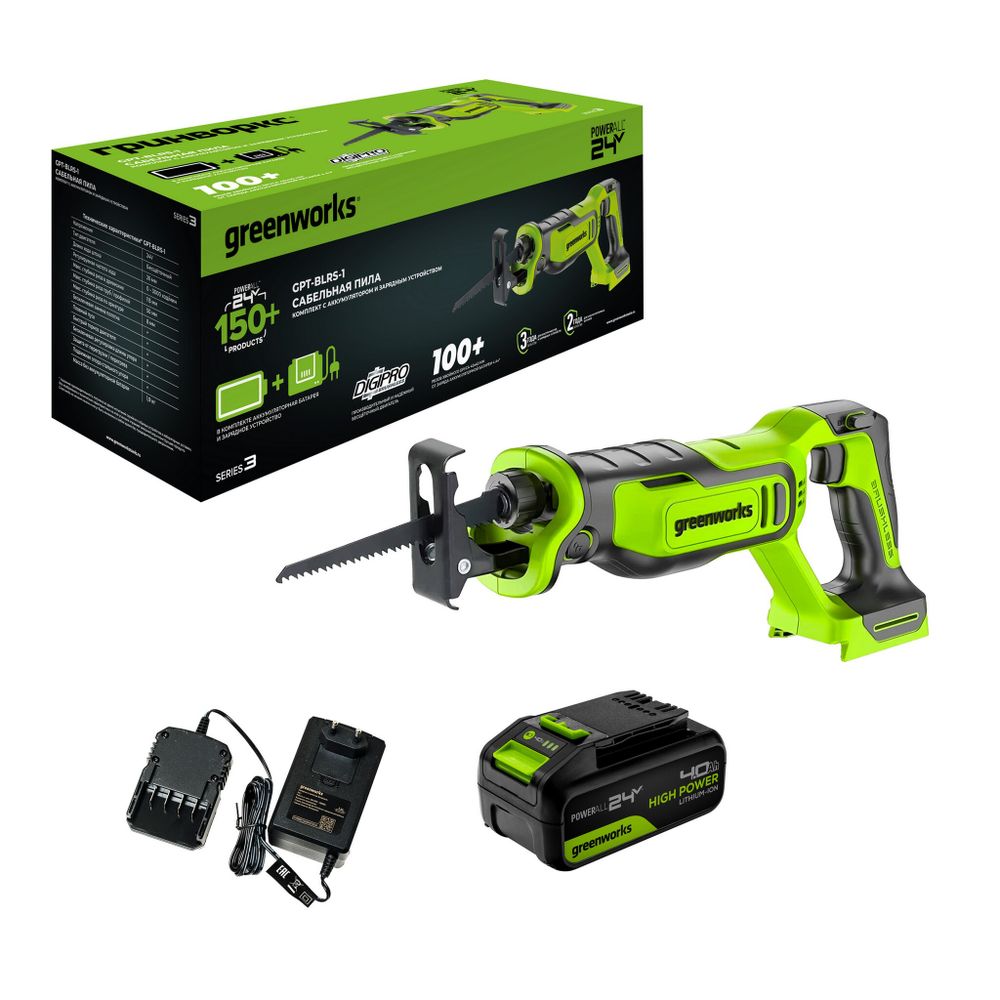 Пила сабельная акк. Greenworks GPT-BLRS-1, 24V, б/щет, 0-3000/мин, рез 115 мм дер.,1х4Ач,ЗУ,кор (1200607CUB)