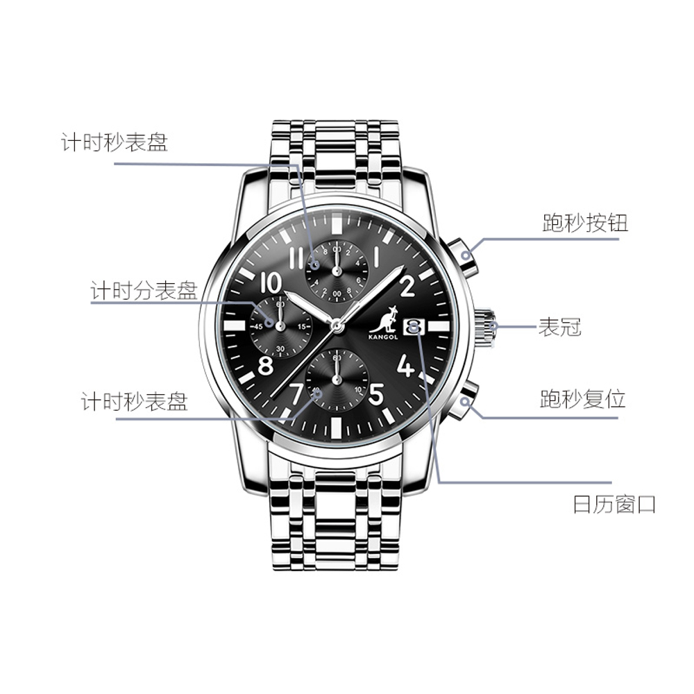 KANGOL Three Eye Six Hand Multifunction Quartz Movement Stainless Steel Watchband Watch Men"s Watches