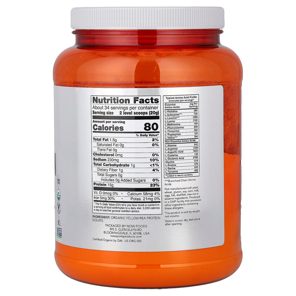 NOW Foods, Sports, порошок из органического горохового протеина, без добавок, 680 г (1,5 фунта)