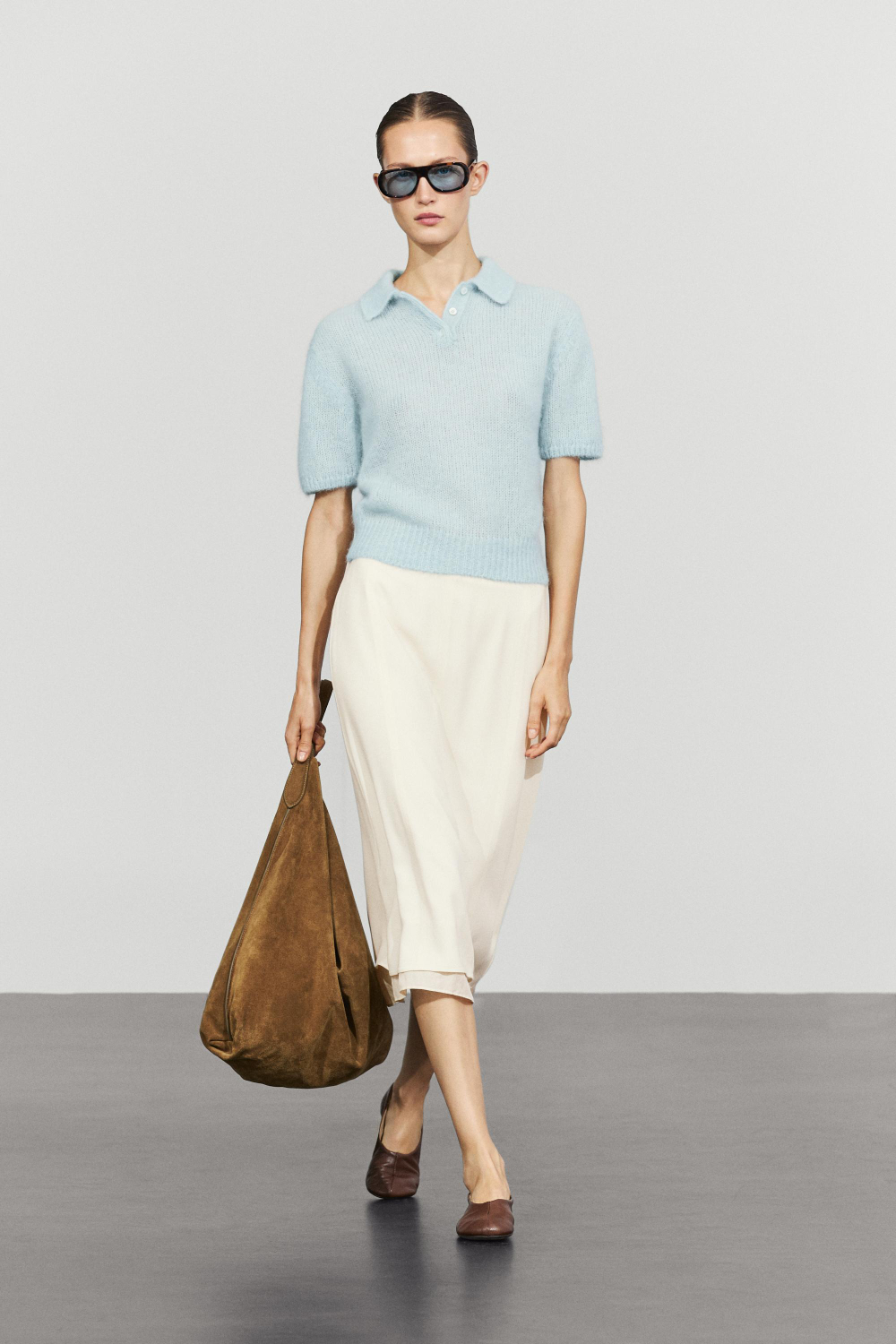 Massimo Dutti Трикотажный свитер из смесовой альпаки с воротником поло, голубой