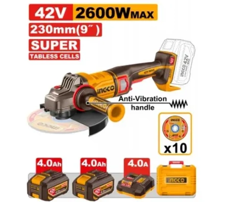 Аккумуляторная угловая шлифовальная машина (УШМ) INGCO CAGLI4260182 INDUSTRIAL 42 В 230 мм 2х4 Ач