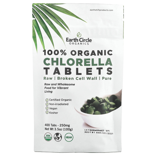 Earth Circle Organics, 100% органическая хлорелла в таблетках, 400 таблеток