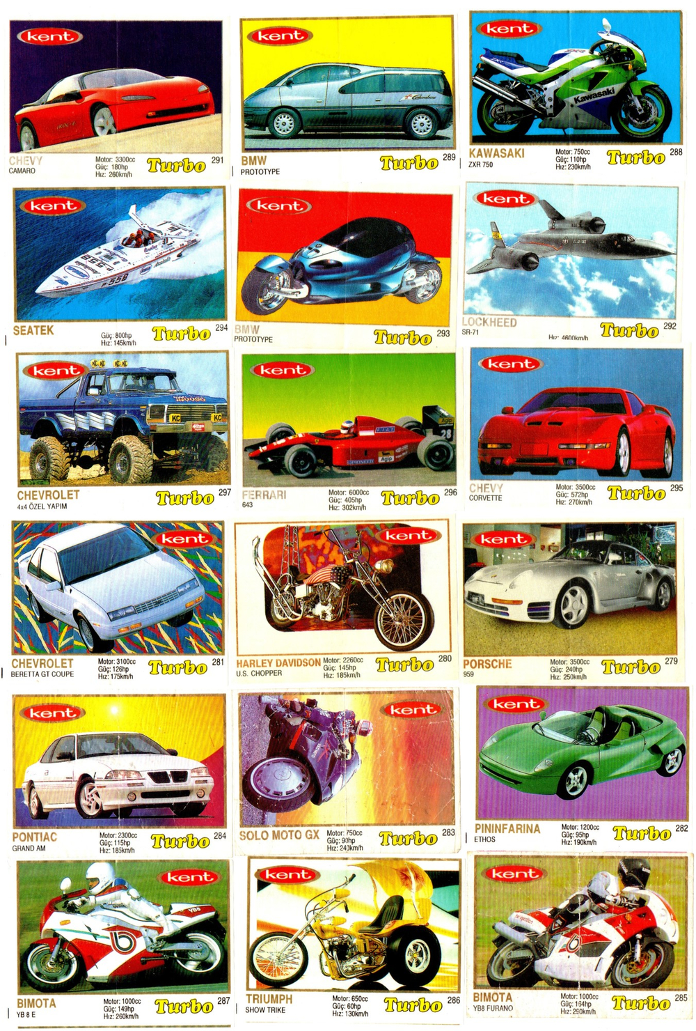 Вкладыши от жвачки Turbo Yellow - Турбо 63 штуки без повторов. Серия 261 - 330.