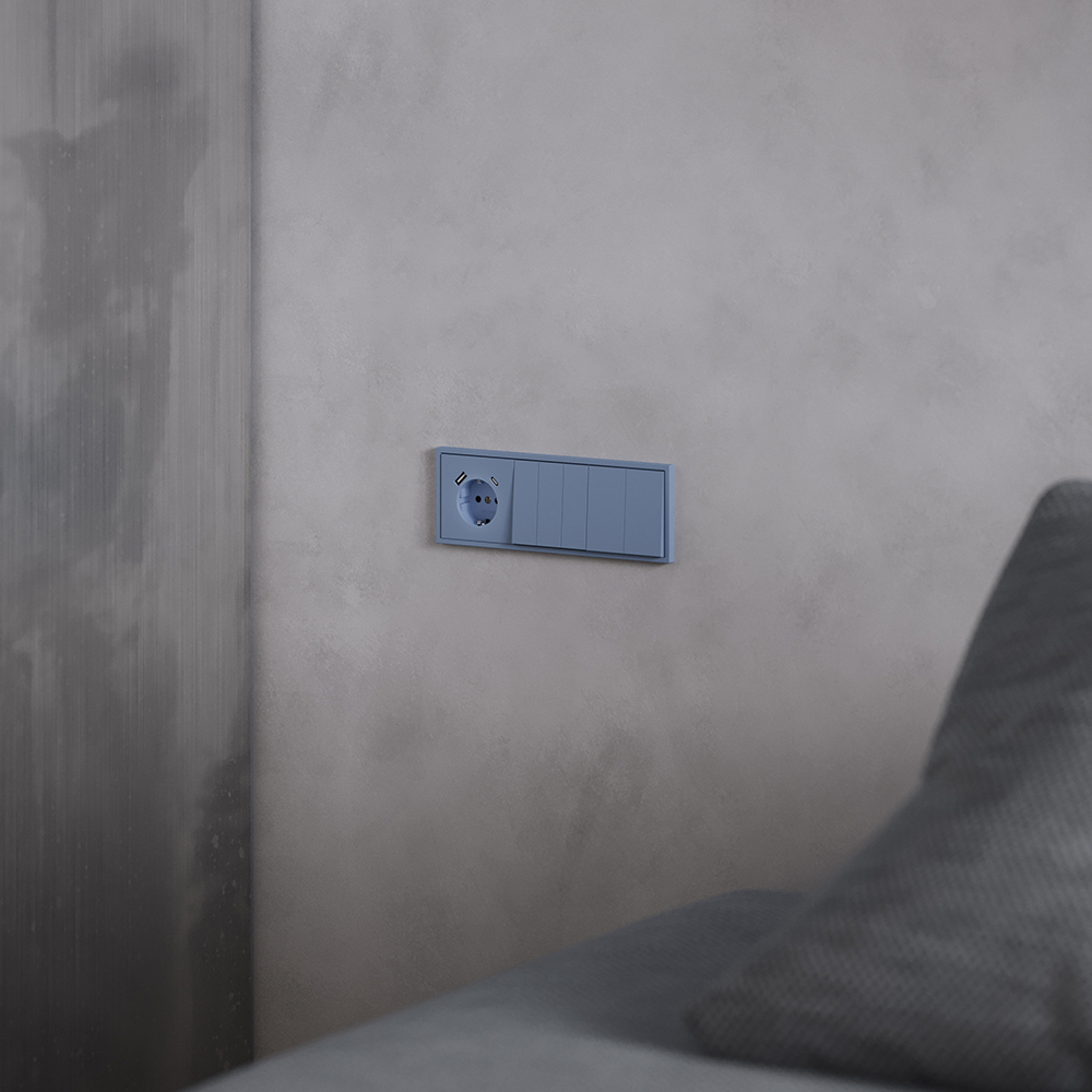 Накладка для розетки с заземлением и защитными шторками, с USB A+C, (деним) Voltum S70 VLS001015