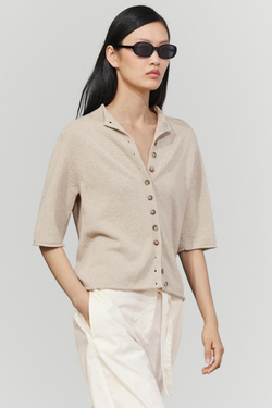 Massimo Dutti Вязаный кардиган из хлопка с воротником-стойкой, каменный