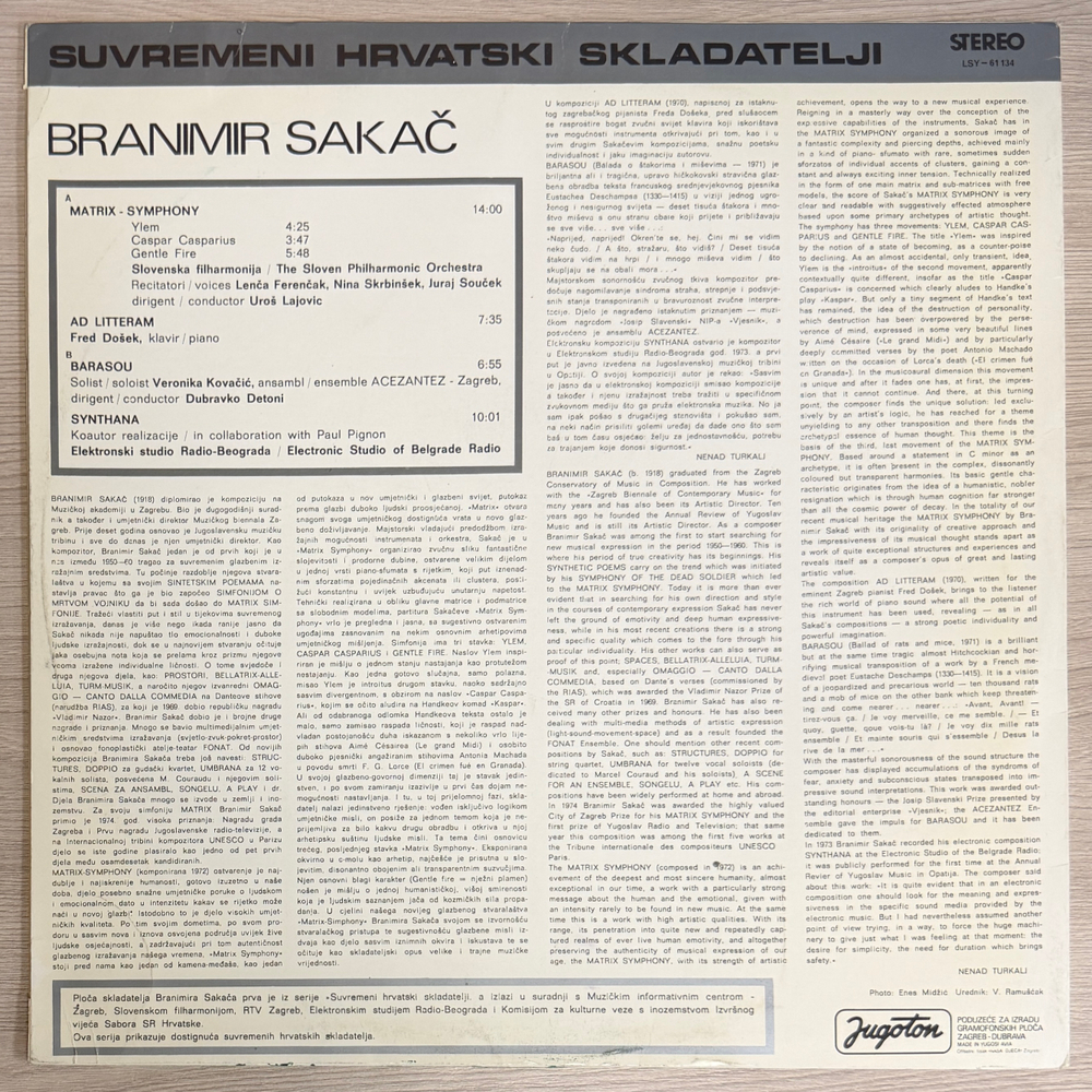 Branimir Sakač ‎– Matrix-Symphony / Ad Litteram / Barasou / Synthana (Югославия 1974г.)