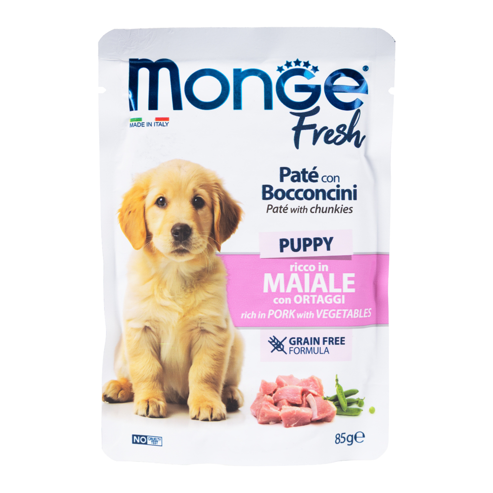 Влажный корм Monge Dog Fresh для щенков паштет с кусочками свинины и овощами паучи 85 г
