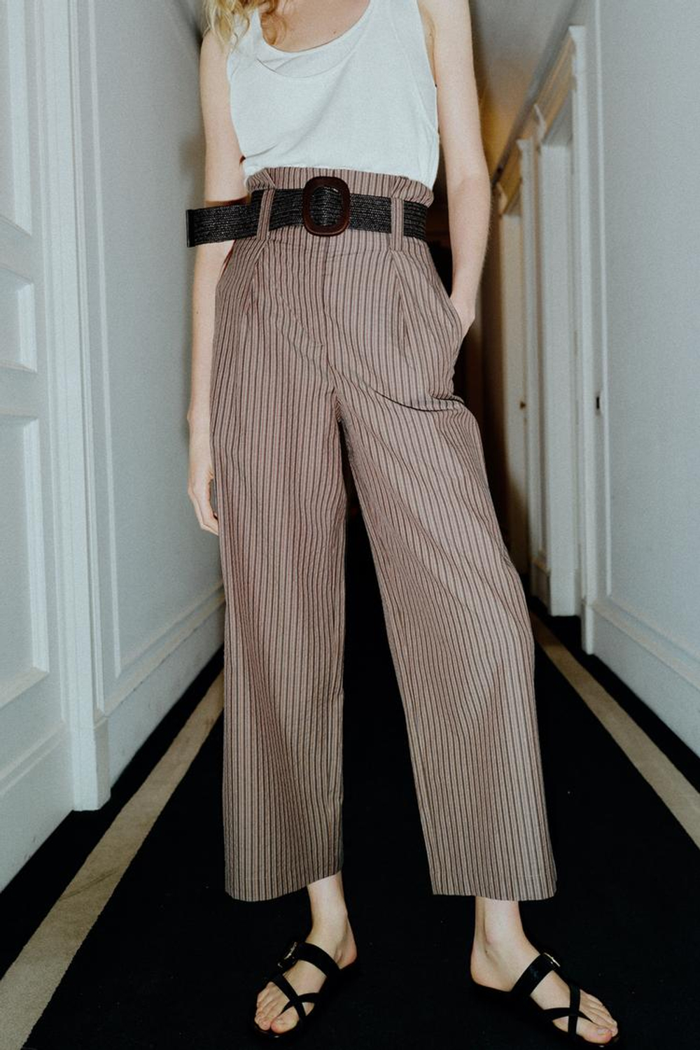 ZARA БРЮКИ В ПОЛОСКУ С РЕМНЕМ, КОРИЧНЕВЫЙ