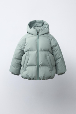 ZARA СТЕГАНОЕ ПАЛЬТО С КАПЮШОНОМ WATER REPELLENT, СВЕТЛО-ЗЕЛЕНЫЙ