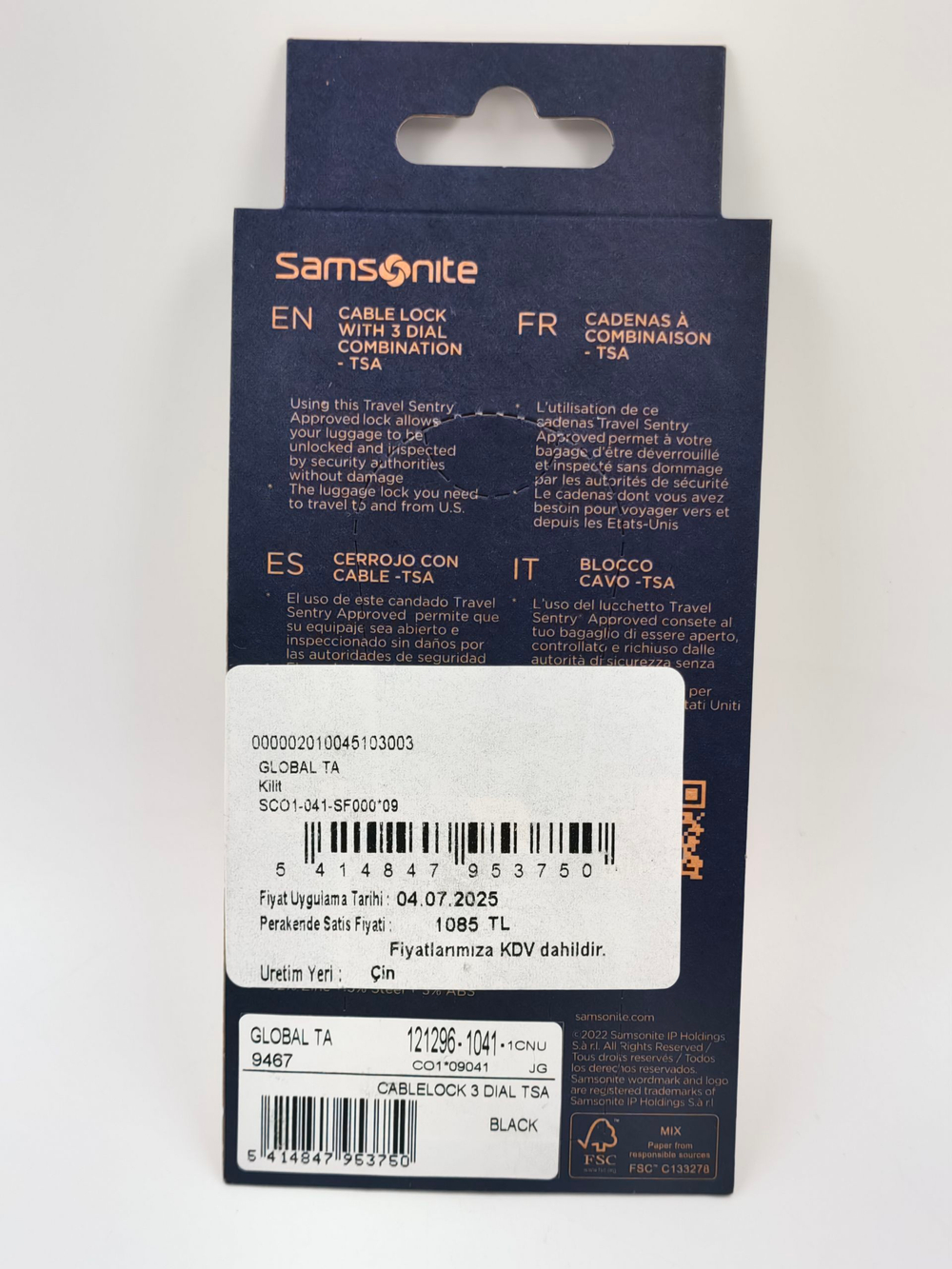 Samsonite Багажный замок-тросик кодовый Cablelock 3Dial TSA, Черный, 1 шт