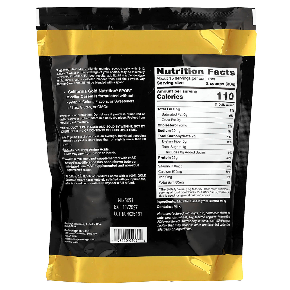 California Gold Nutrition, Sport, мицеллярный казеин, без добавок, медленное усвоение, 454 г (16 унций)
