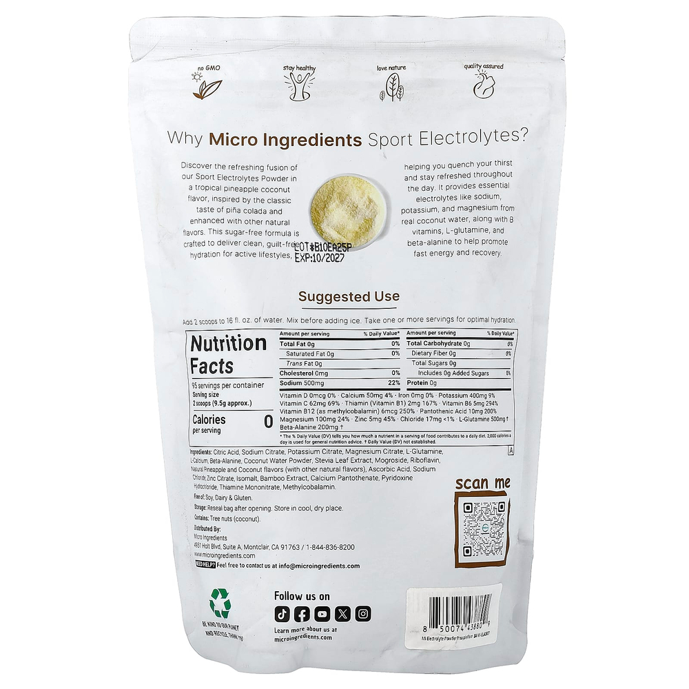 Micro Ingredients, Sport Электролиты в порошке, пина колада, 907 г (2 фунта)