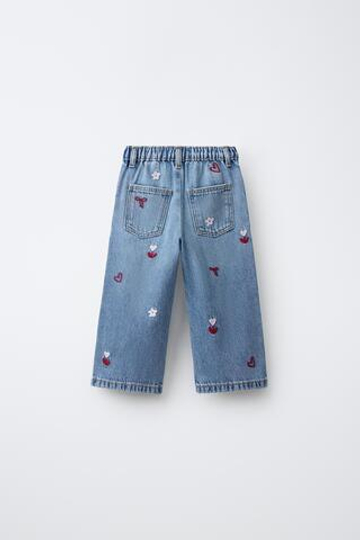 ZARA ДЖИНСЫ WIDE LEG ИЗ СТРУЯЩЕГОСЯ ДЕНИМА С ВЫШИВКОЙ, ГОЛУБОЙ