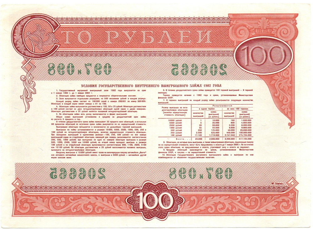 Облигация 100 рублей 1982 год СССР