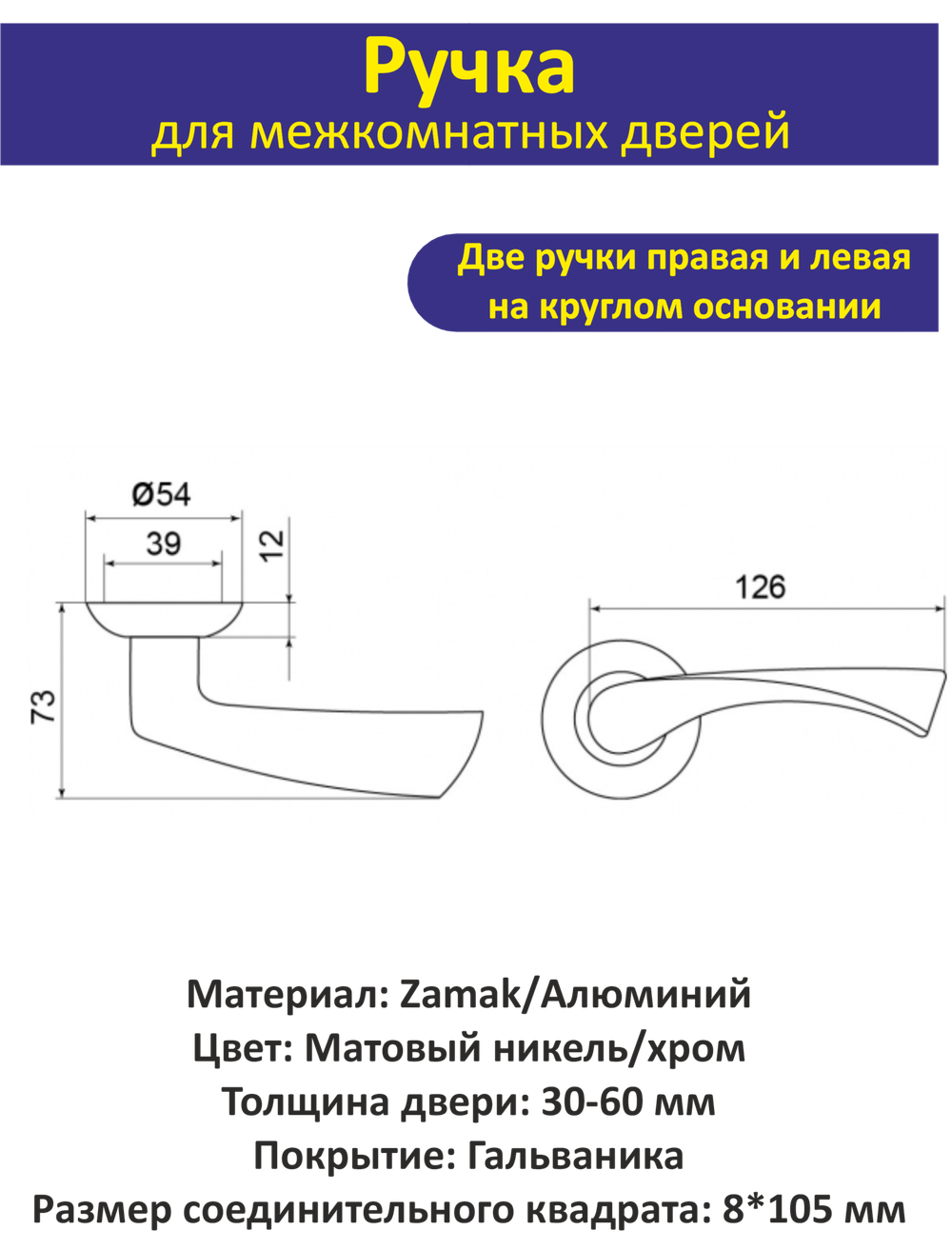 Ручка дверная межкомнатная с защелкой CRONA матовый никель