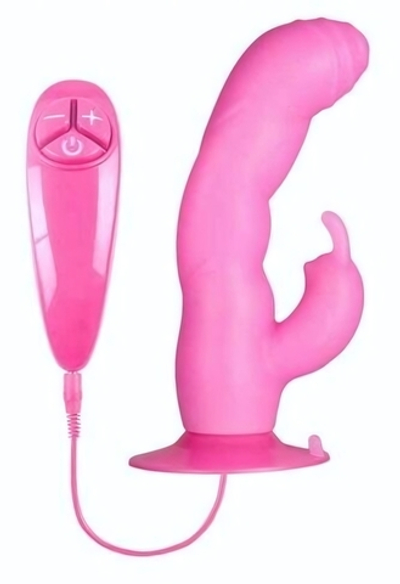 Розовый вибратор с клиторальным стимулятором BUNNY ICY - 18 см. (Цвет: розовый)