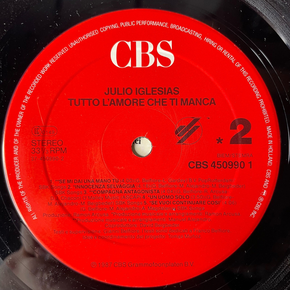 Винтажная виниловая пластинка LP Julio Iglesias Tutto L'Amore Che Ti Manca (Нидерланды 1987)