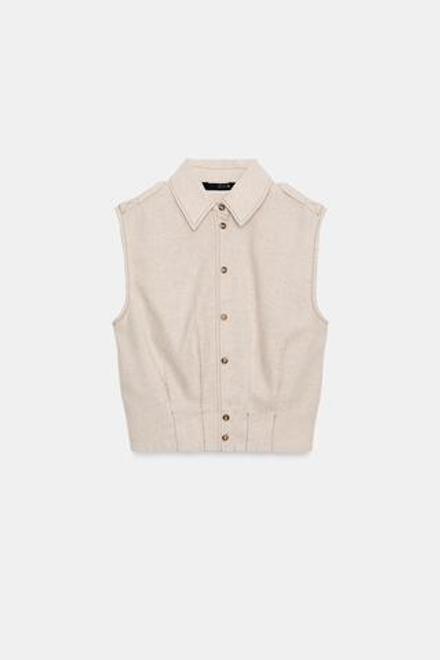 ZARA ТОП ИЗ ЛЬНА С КОНТРАСТНОЙ СТРОЧКОЙ, СВЕТЛО-БЕЖЕВЫЙ