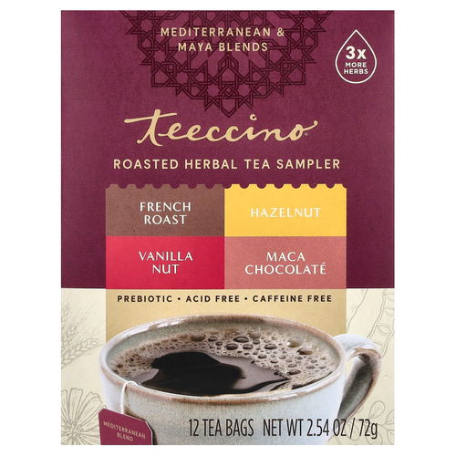 Teeccino, набор чая из обжаренных трав, 4 вкуса, без кофеина, 12 чайных пакетиков, 72 г (2,54 унции)