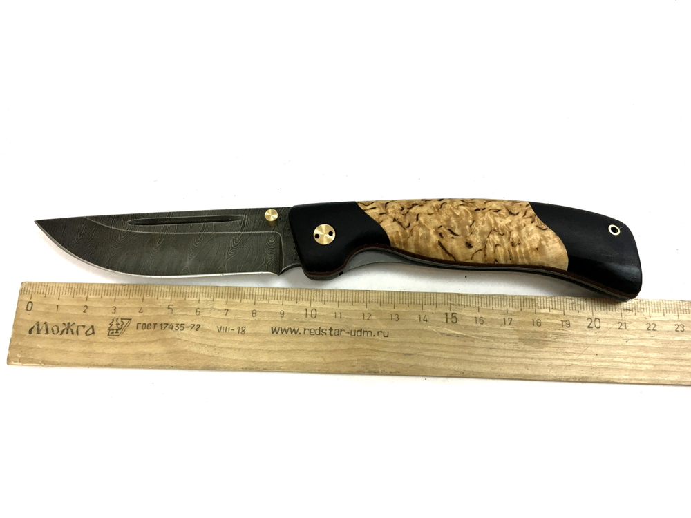 Складной нож Валдай, дамасская сталь, карельская береза