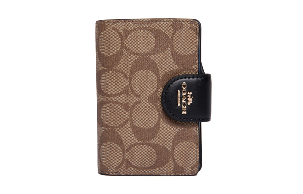 COACH Corner Zip Coated Canvas With Leather Wrist Bag Clutch Pochette Wallet Women"s Brown/Black