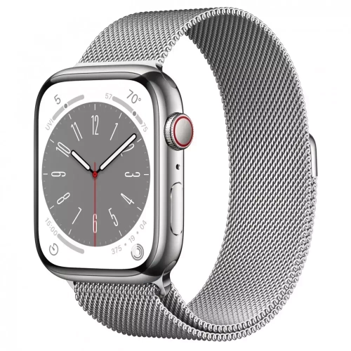 Apple Watch Series 8, 45мм, из стали серебристого цвета, миланский сетчатый браслет