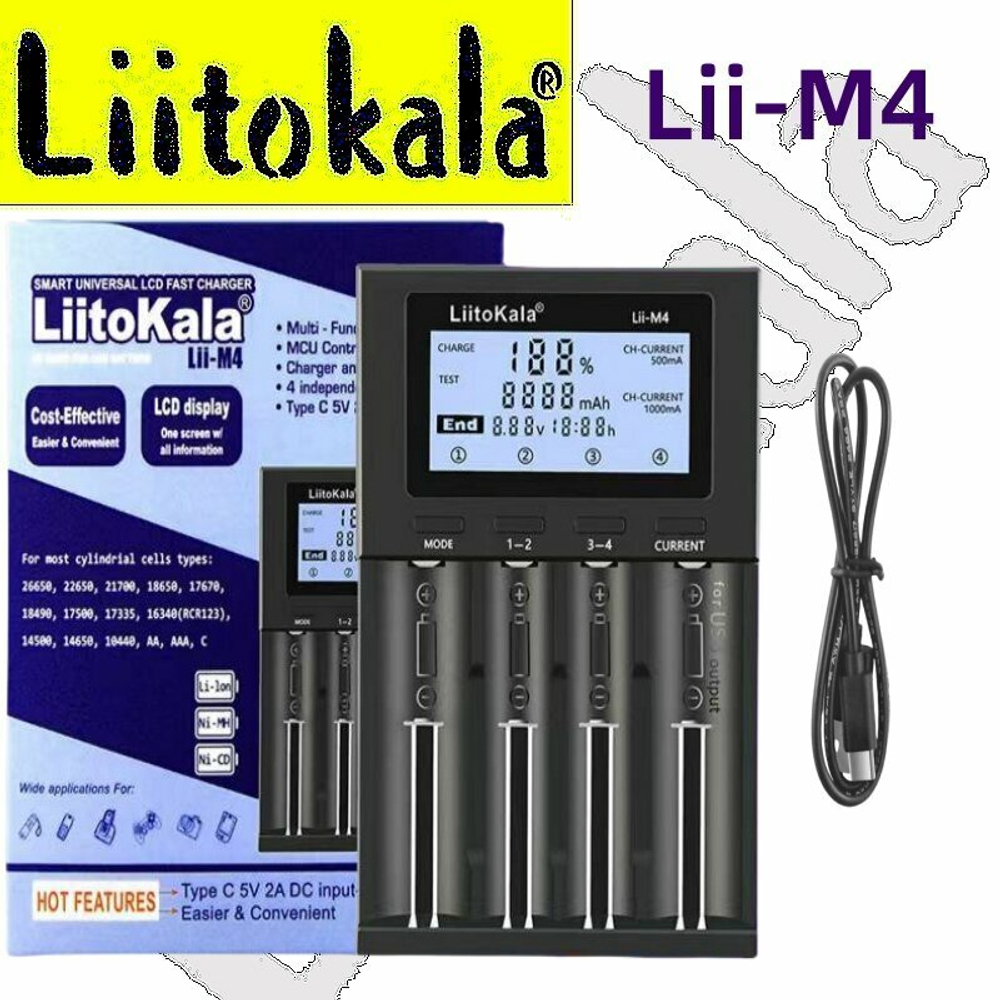 Зарядные устройства для аккумуляторов LiitoKala Lii - M4 18650, 26650, 14 500, AA, AAA и т. д.