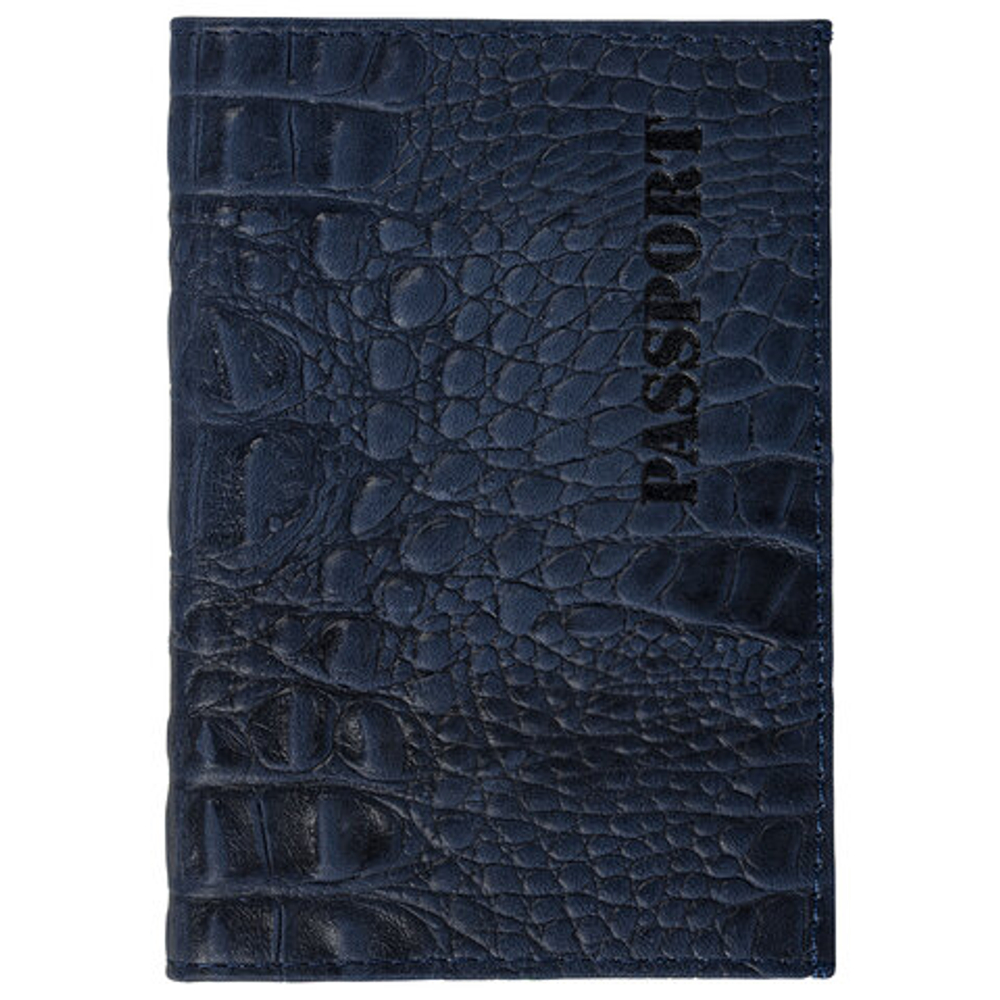 Обложка для паспорта натуральная кожа кайман, "PASSPORT", темно-синяя, BRAUBERG, 237196