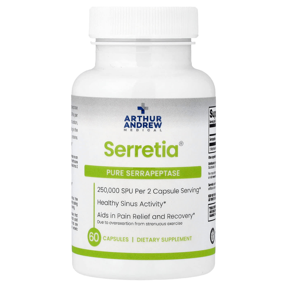 Arthur Andrew Medical, Serretia®, чистая серрапептаза, 60 капсул (125 000 SPU в 1 капсуле)