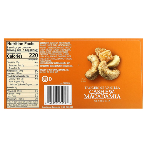 Sahale Snacks, Глазированная смесь, мандарин, ваниль, кешью и макадамия, 9 пакетиков, 42,5 г (1,5 унции) каждый