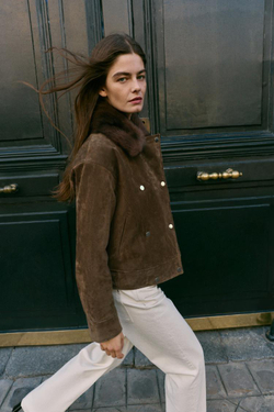 ZARA СТЕГАНАЯ КУРТКА ИЗ 100% КОЖИ С МЕХОВЫМ ВОРОТНИКОМ, ТЕМНО-КОРИЧНЕВЫЙ