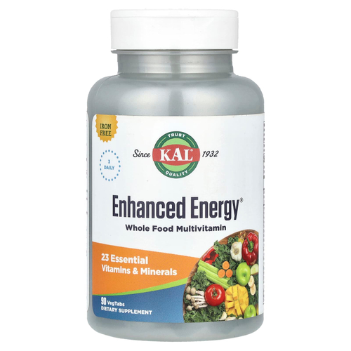 KAL, Enhanced Energy®, мультивитамины из цельных продуктов, без железа, 90 растительных таблеток