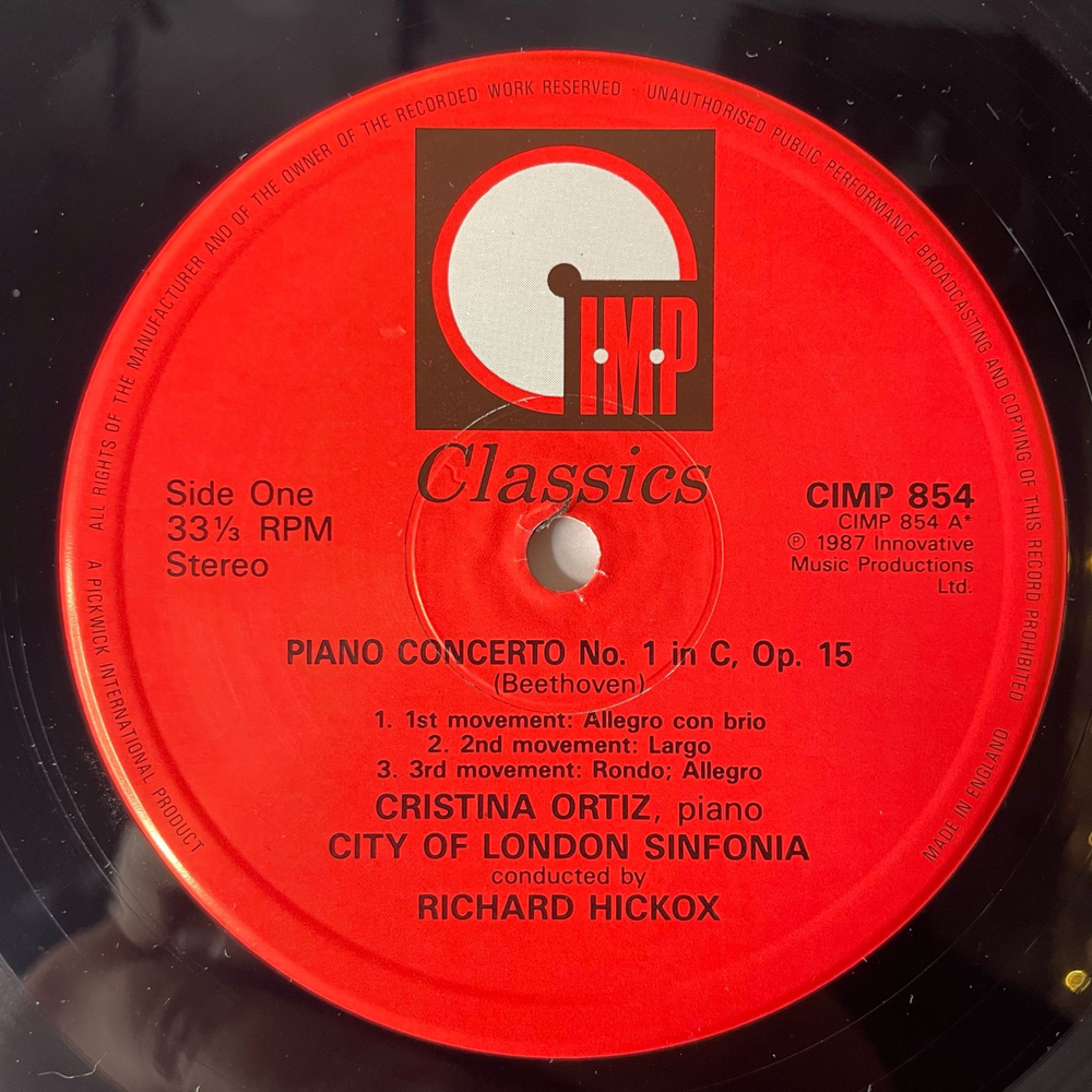 Винтажная виниловая пластинка LP Beethoven Бетховен, Cristina Ortiz, City Of London Sinfonia Conducted By Richard Hickox, Piano Concertos Nr 1 and 2 (Англия 1987)