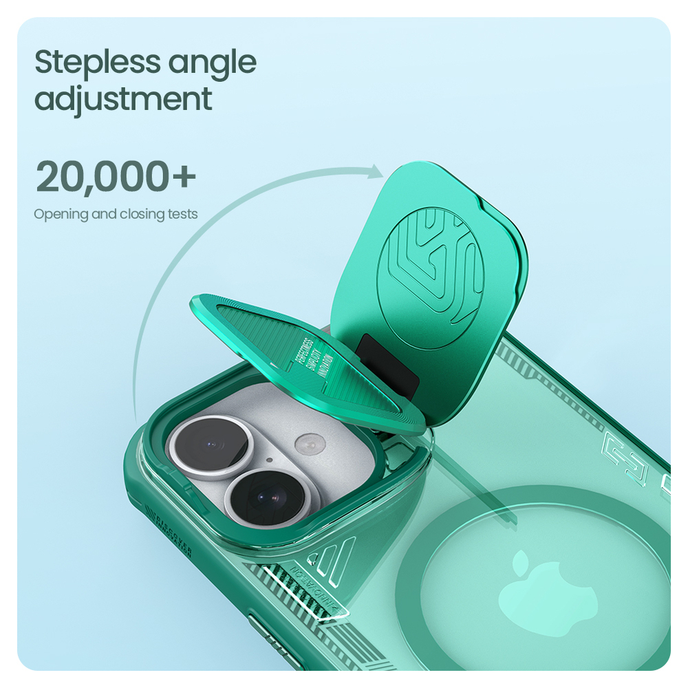 Чехол прозрачный зеленого цвета от Nillkin с поддержкой MagSafe на iPhone 16, серия Iceblade Prop Magnetic Case (металлическая откидная крышка)